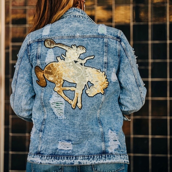 Crazy Consuela Jackets & Blazers - Crazy Consuela Gold Sequin Bronc Boyfriend Jean Jacket
